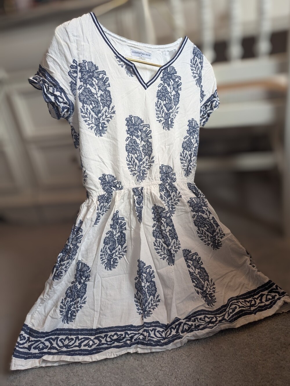 Blue and white floral block-print mini dress by Goodnight Macaroon (S)